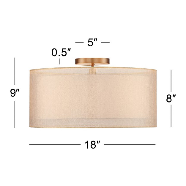 Wide Antique Brass 3 light Champagne Organza Double Drum For Bedroom Kitchen