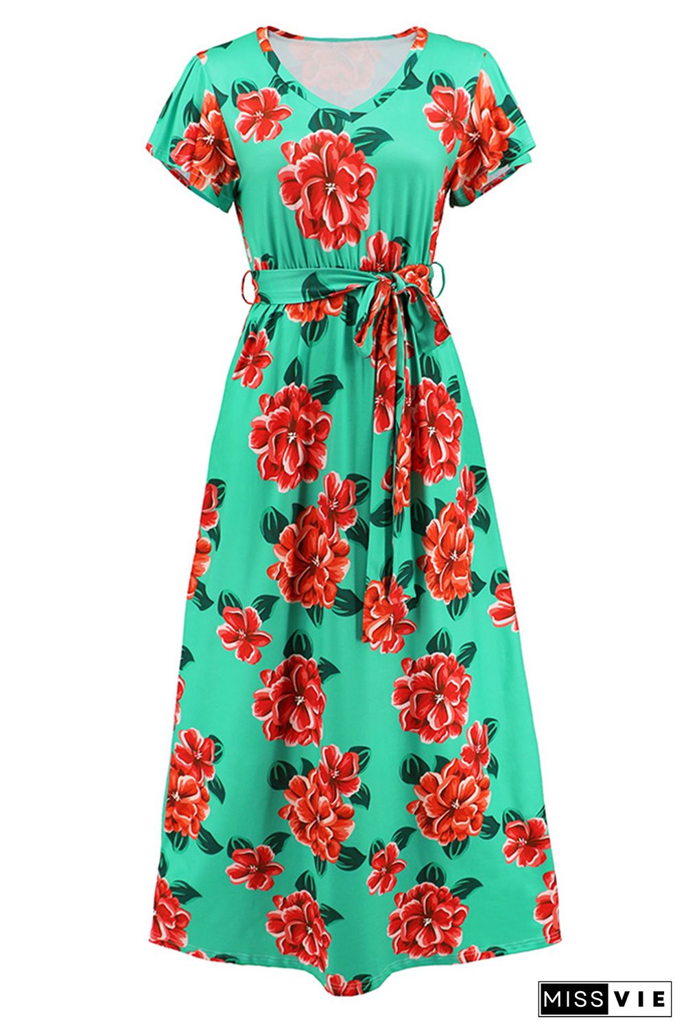 V Neck Short Sleeves Floral Maxi Dress