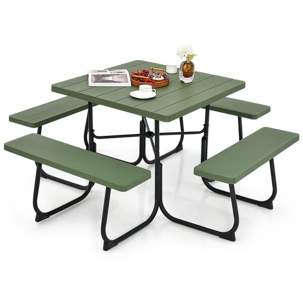 Outdoor Picnic Table with 4 Benches and Umbrella Hole