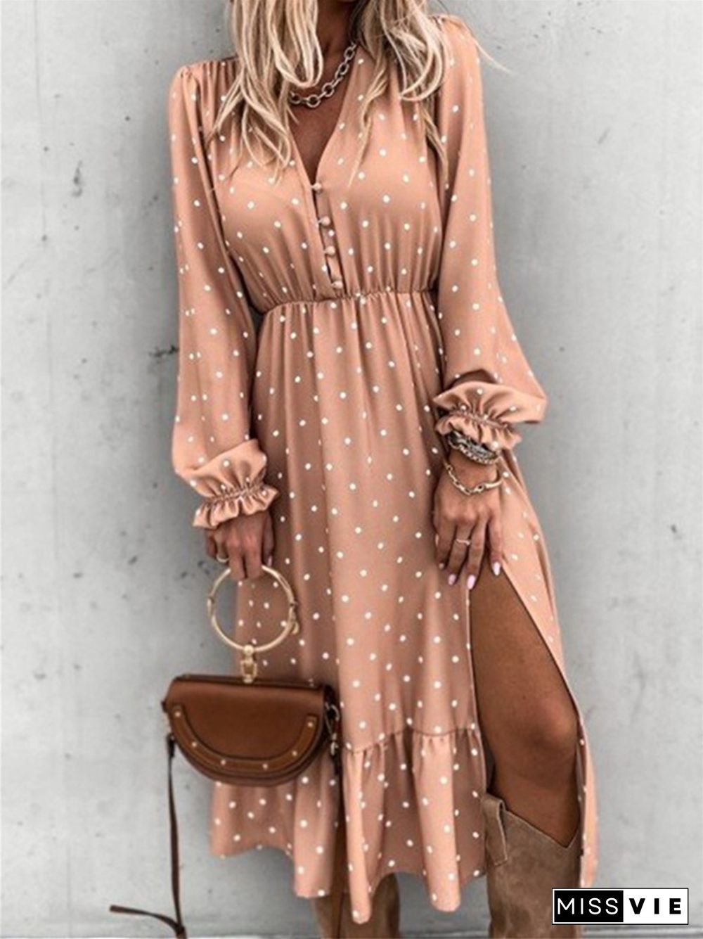 V-neck Polka-dot Print Long-sleeved Dress