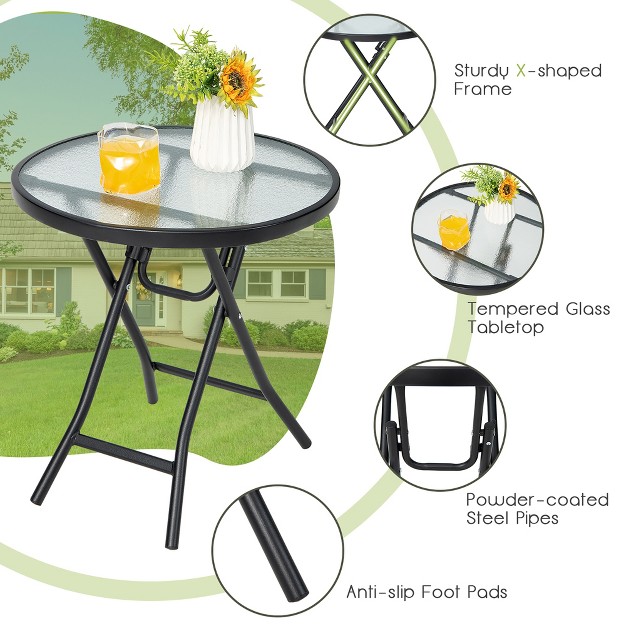 Costway Patio Folding Round Glass Side Table Bistro Coffee Table Plant Stand