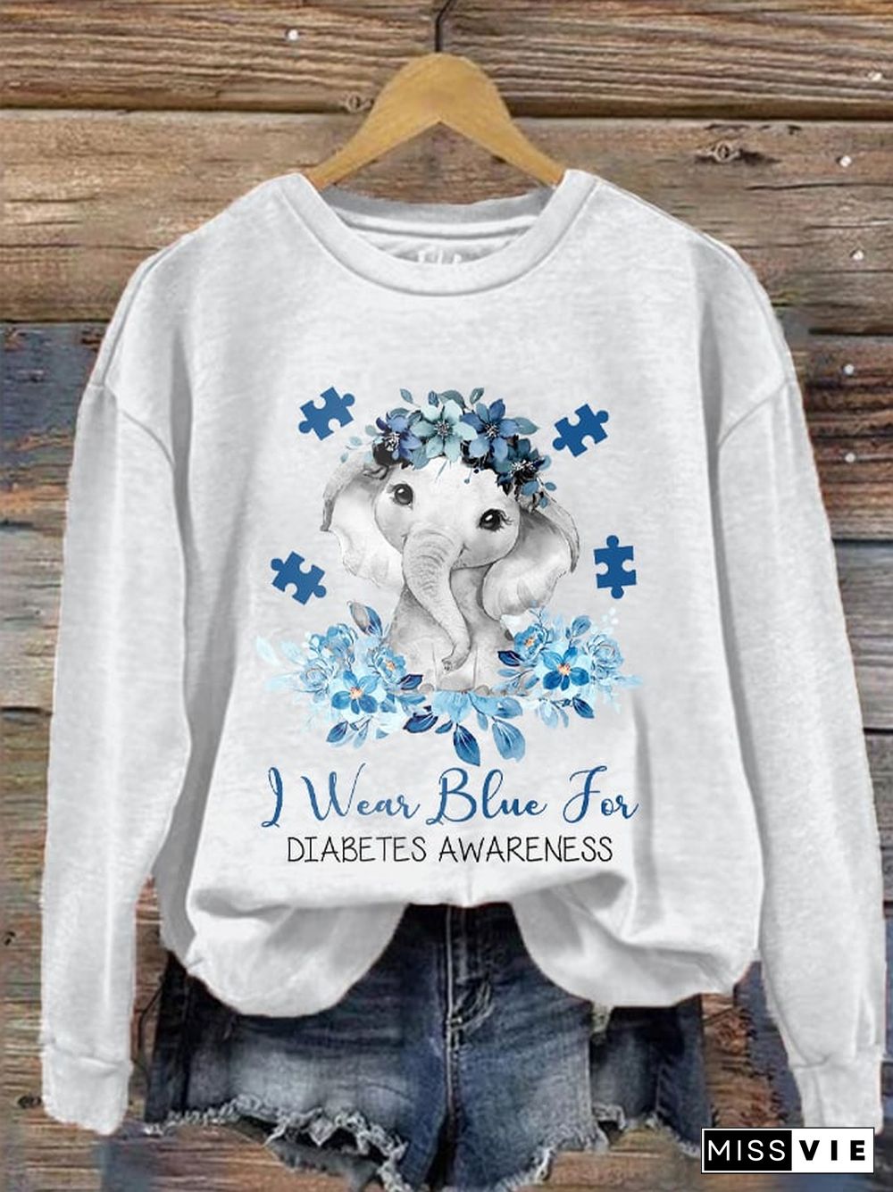 Women's I Wear Blue For Diabetes Awareness Elephant Flower Tree Print Sweatshirt