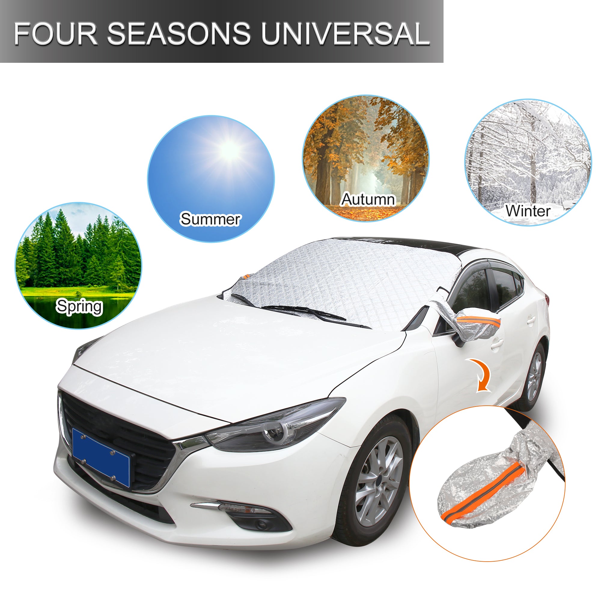 Windshield Ice Snow Cover Universal Waterproof Windproof Silver Tone with 9 Magnets Reflective Strips for Car SUV