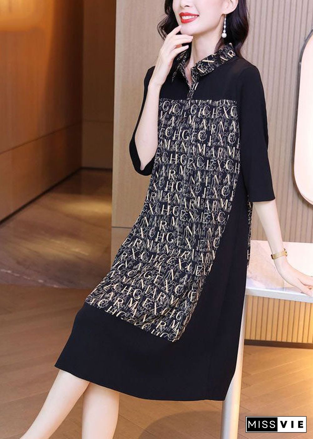 Simple Black Peter Pan Collar Patchwork Letter Print Silk Maxi Dresses Spring