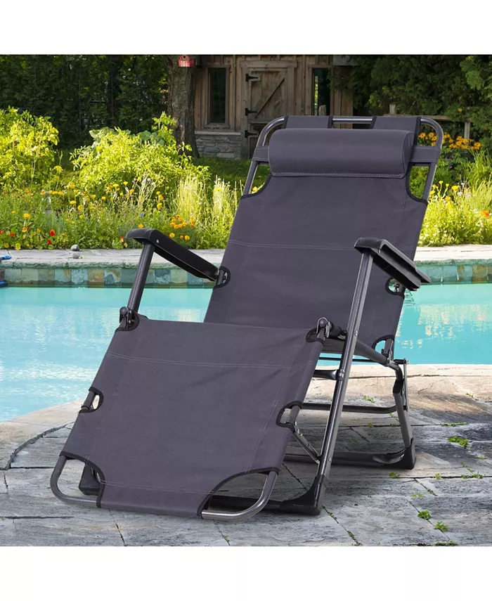 Outsunny 2-in-1 Folding Patio Lounge Chair w  Pillow Outdoor Portable Sun Lounger Reclining to 120anddeg; 180anddeg; Oxford Fabric Grey