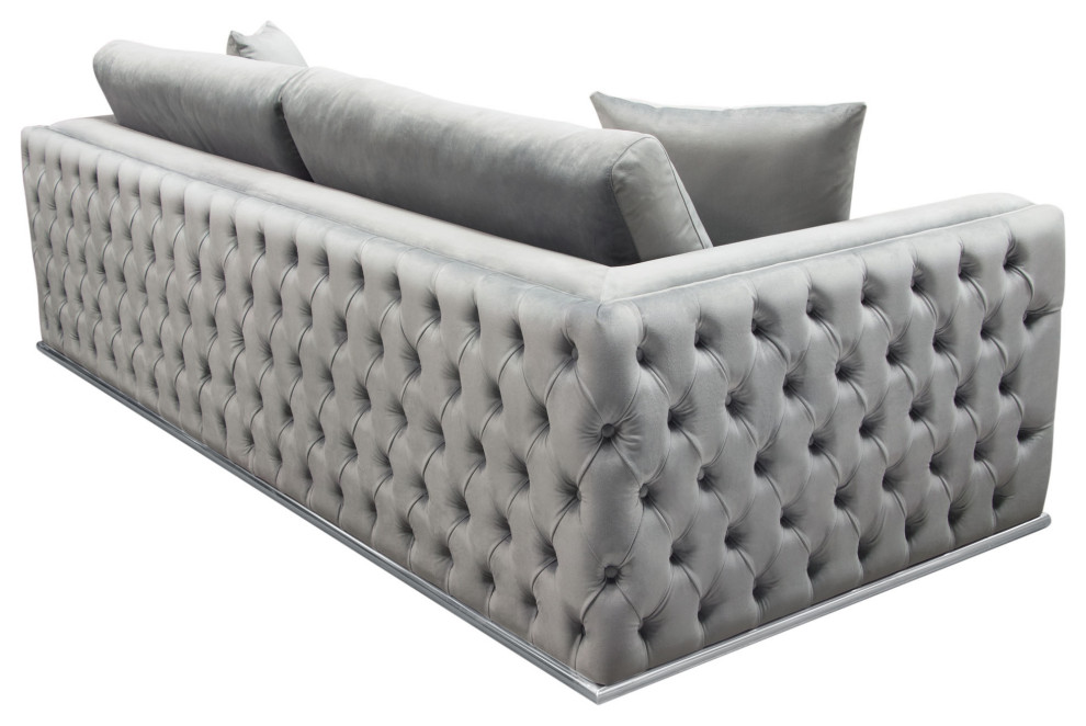 Sofa  Platinum Gray Velvet With Tufted Outside Detail and Silver Metal Trim   Contemporary   Sofas   by Kolibri Decor  Houzz