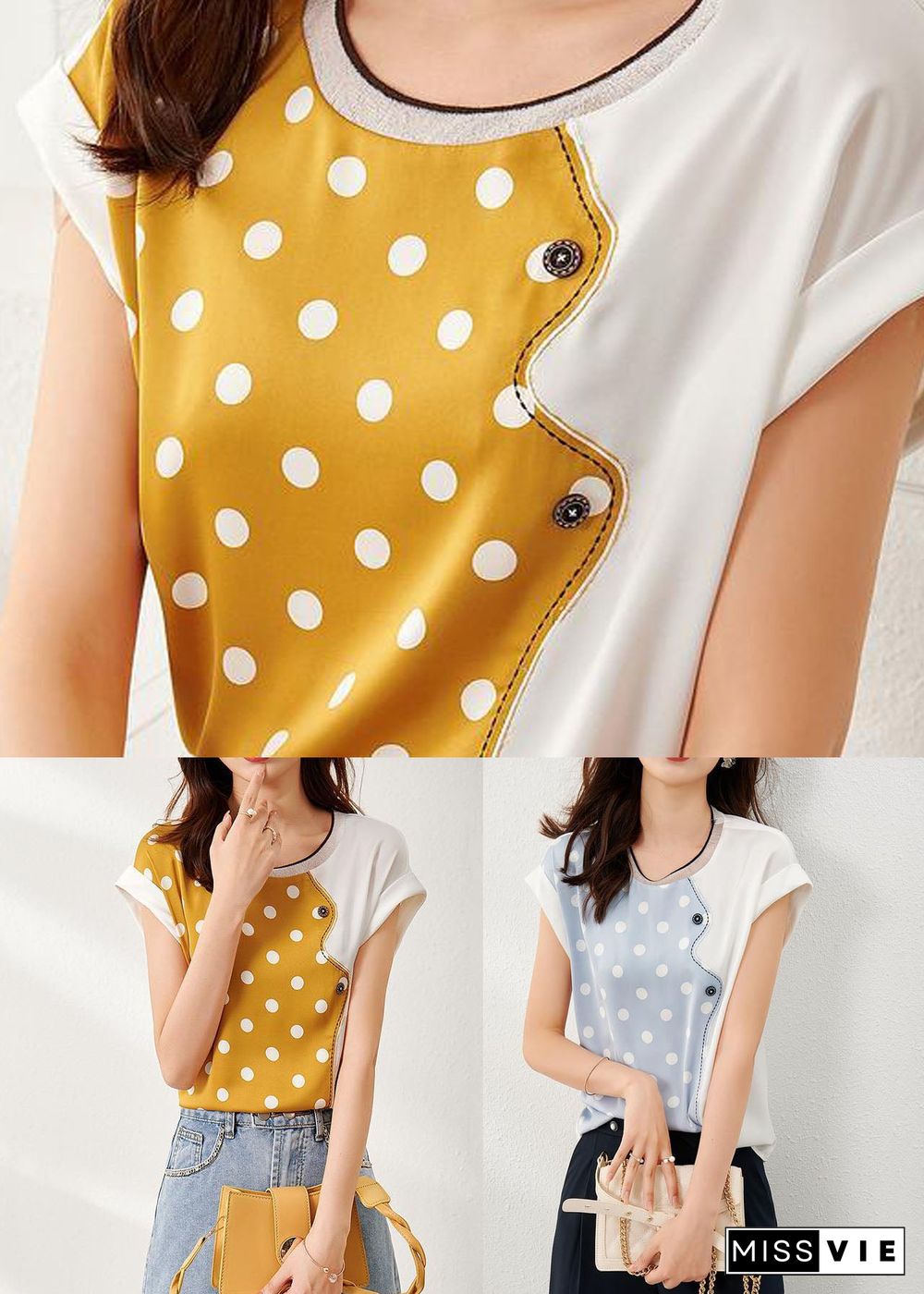 Blue Patchwork Print Dot Silk T Shirt O Neck Summer