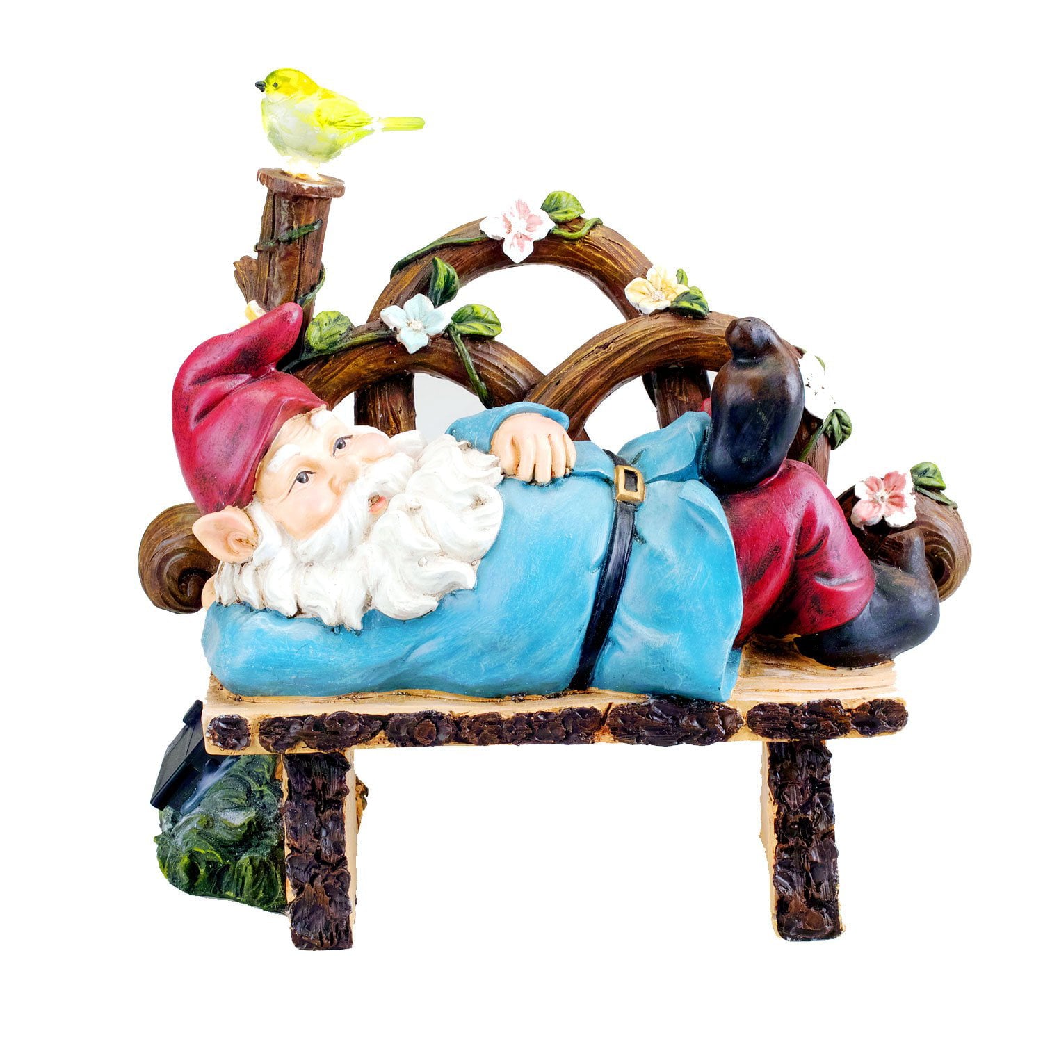 Solar Powered Gnome Laying On a Bench LED Garden Light Decor