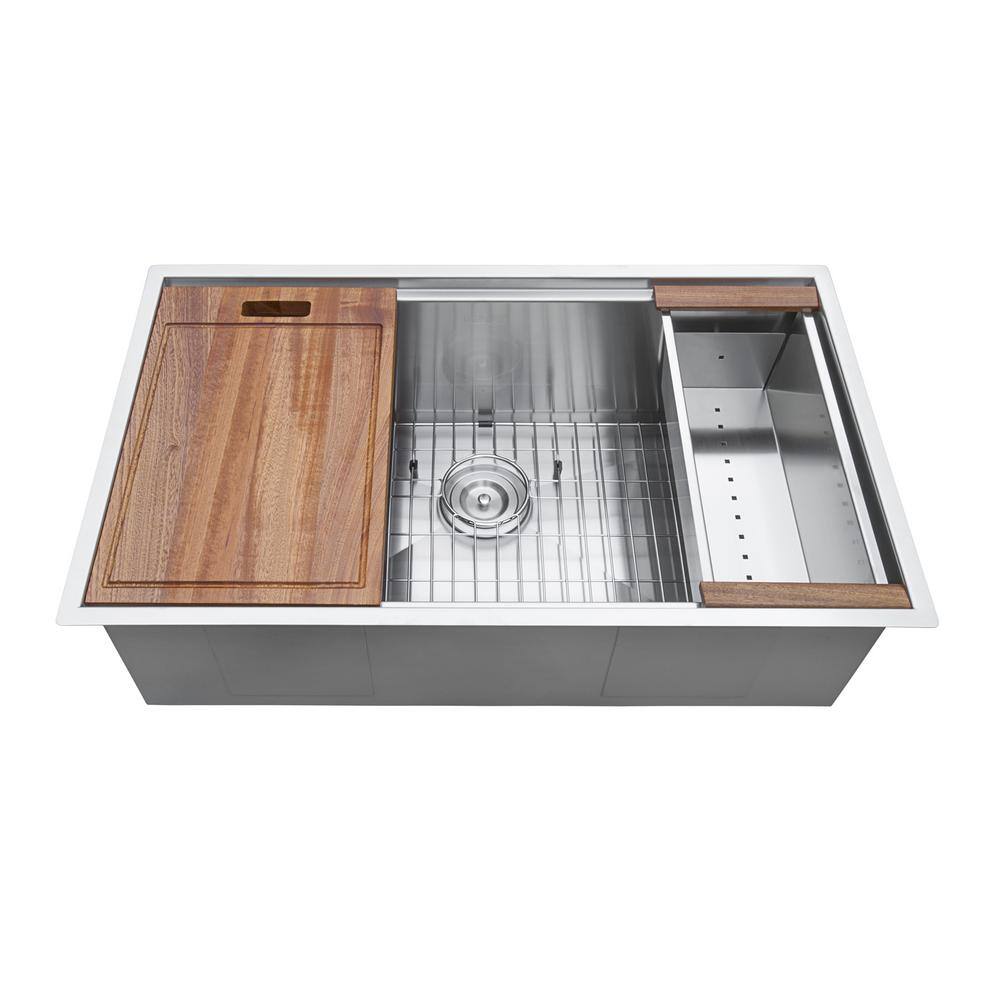 Ruvati 32 in. Single Bowl Undermount 16-Gauge Stainless Steel Ledge Kitchen Sink with Sliding Accessories RVH8300