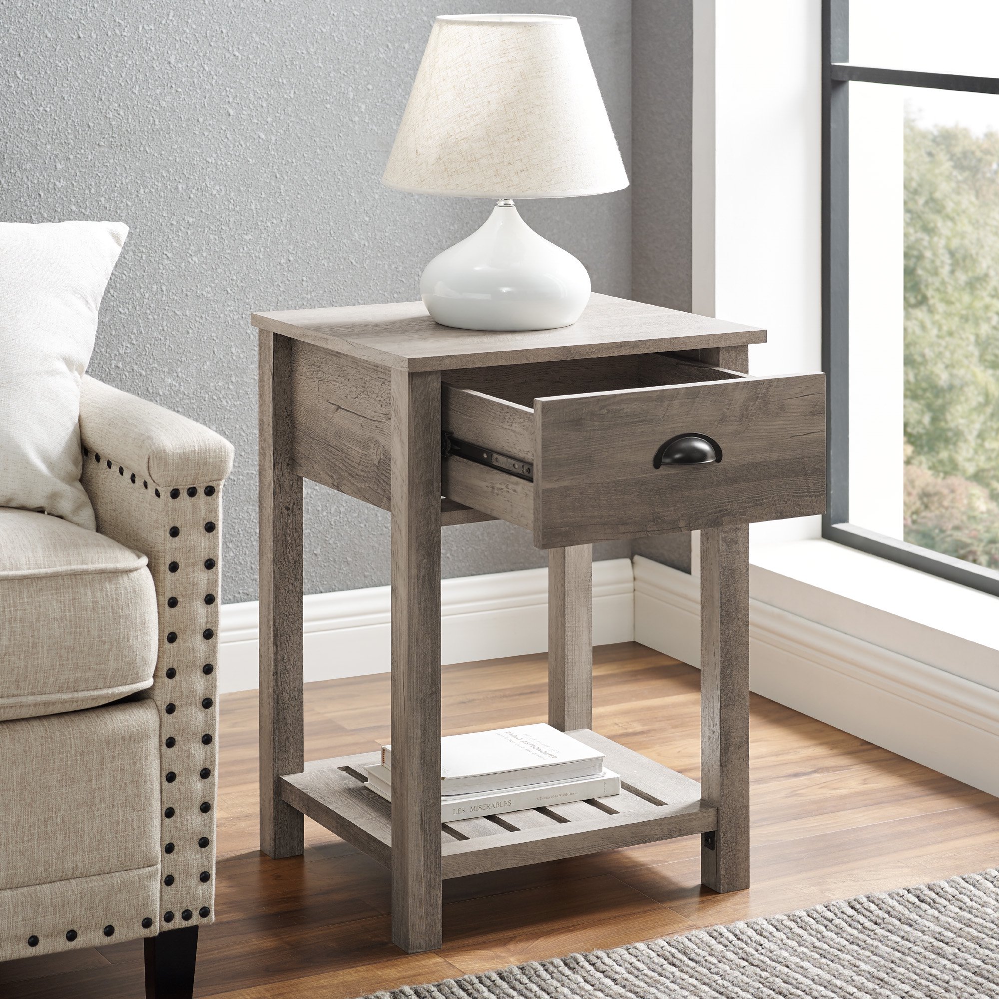 Woven Paths Farmhouse Single Drawer Open Shelf End Table， Gray Wash