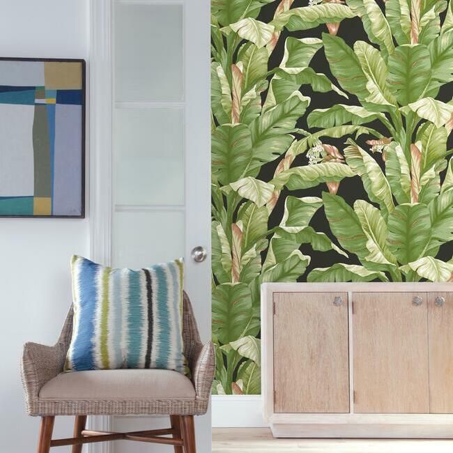 Banana Leaf Peel & Stick Wallpaper in Green and Black by York Wallcoverings