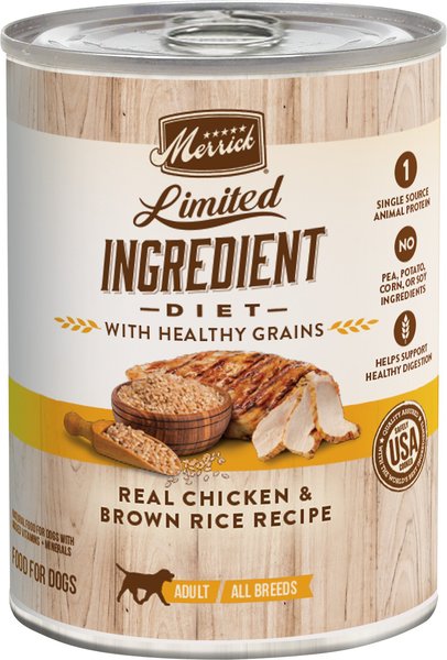 Merrick Limited Ingredient Diet Chicken and Brown Rice Recipe Wet Dog Food， 12.7-oz can， case of 12