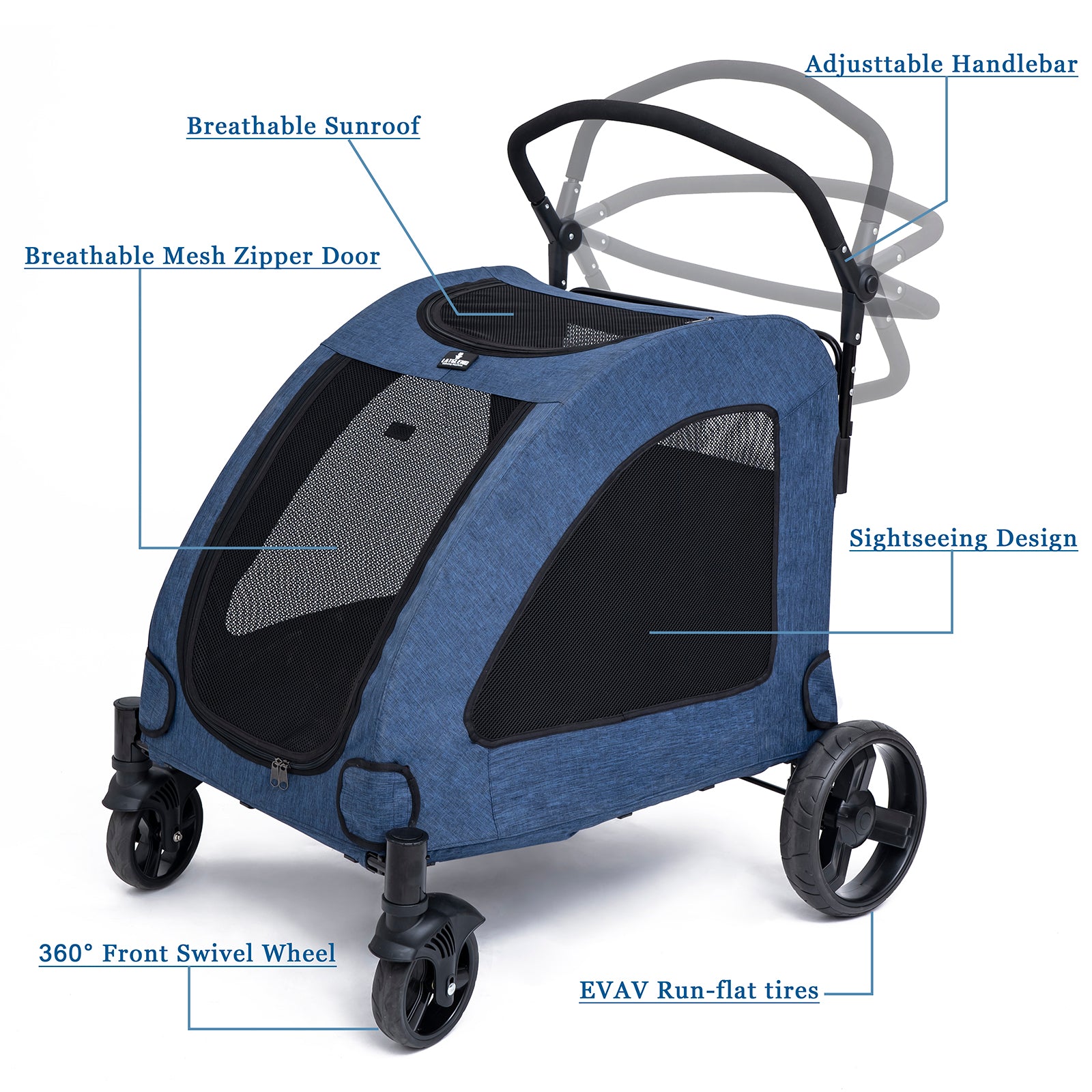 Tikysky 4 Wheel Pet Stroller for Dog and Cat ，Light Foldable，Breathable Mesh Windows，Blue