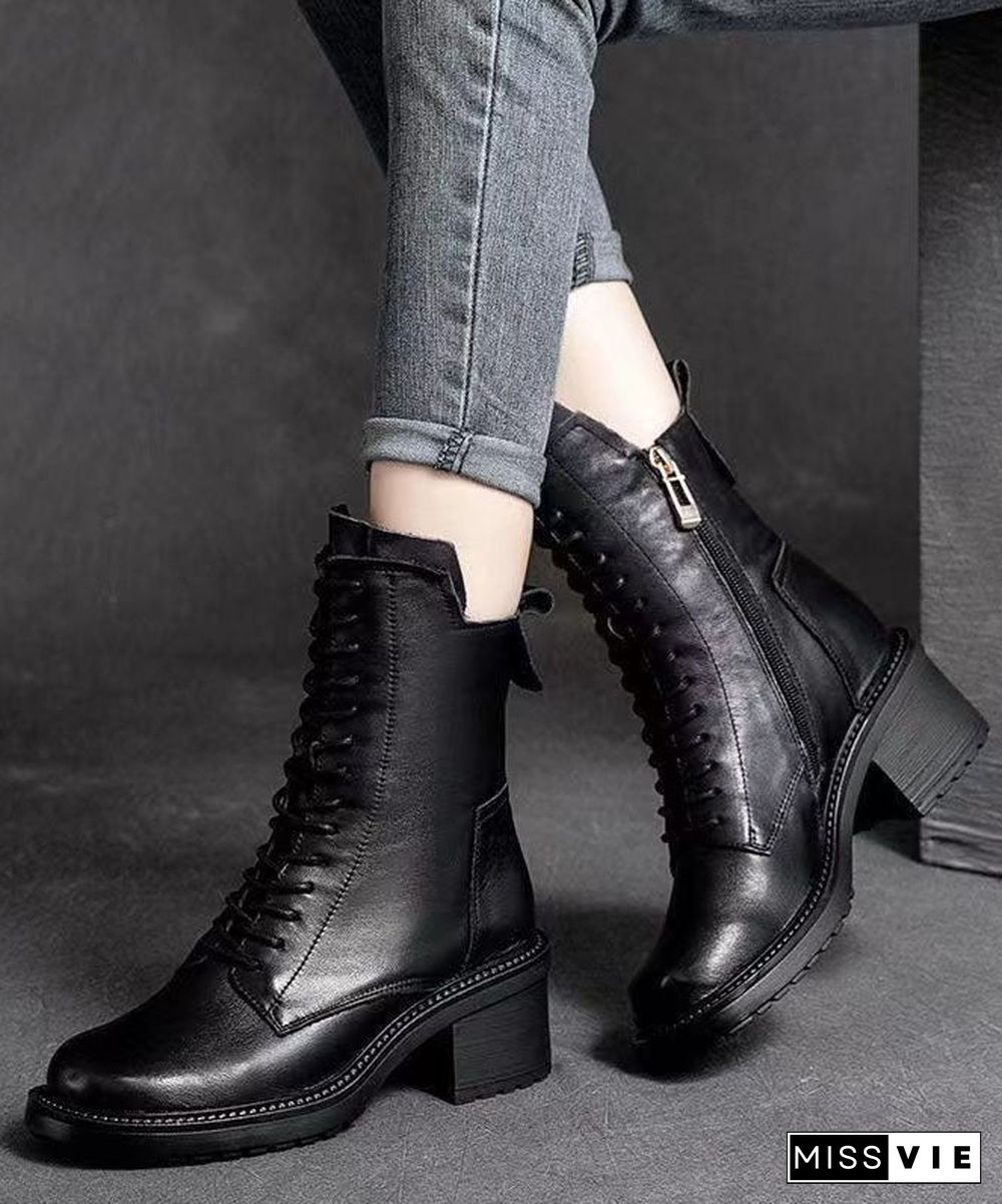 Black Biker Boots Chunky Zippered Cowhide Leather Casual Lace Up Boots