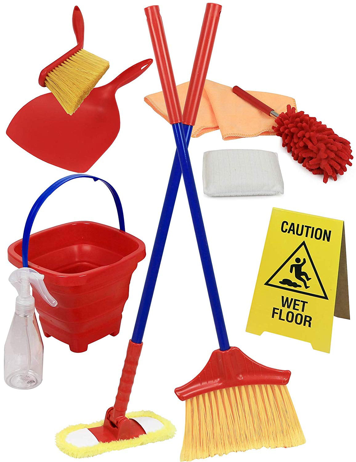 Click n' Play 10 Piece Kids Pretend Play Cleaning Set， Water Bucket， Cleaning Agent Bottles， Broom， Mop， Duster， Wet Floor Sign， Brush and Dustpan