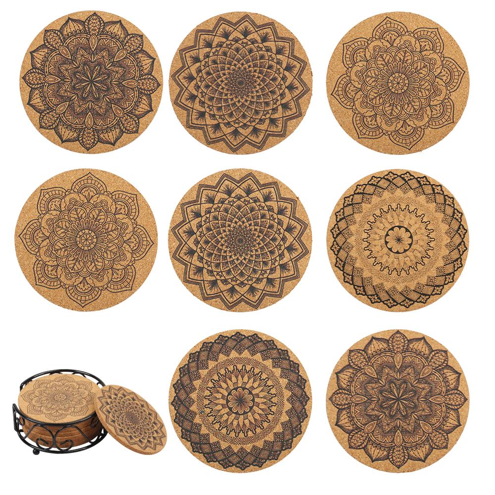 AirSMall 8Pcs Round Cork Coasters 4in Absorbent Reusable Coasters Mandala Pattern Cork Drink Coasters with Holder for office  bar home