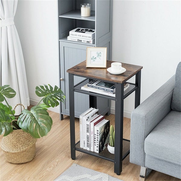 3 Tier Industrial End Table with Metal Mesh Storage Shelves