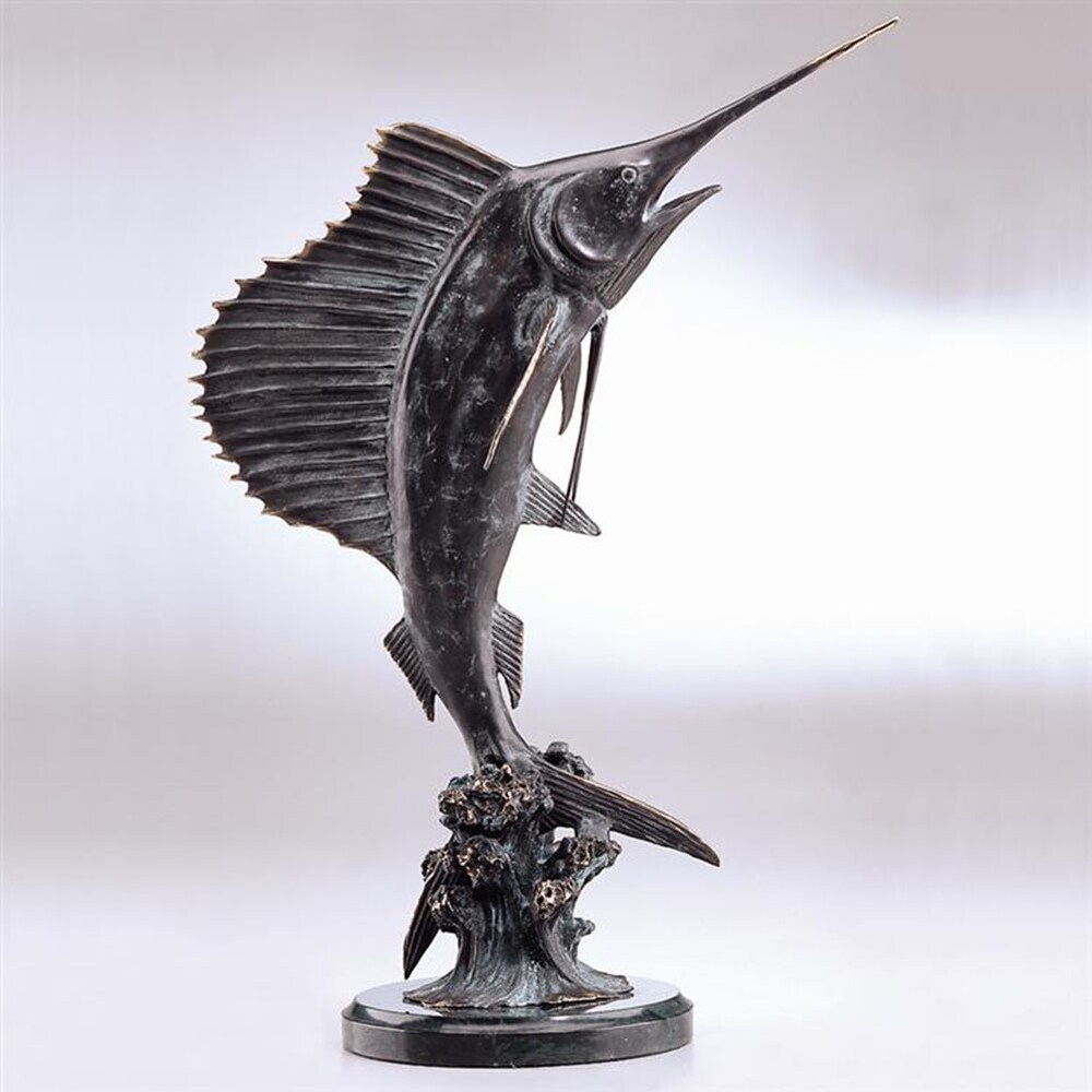 Tail Walker Hand Finished Brass And Marble Sailfish Statue   16 X 9 X 7.5 inches