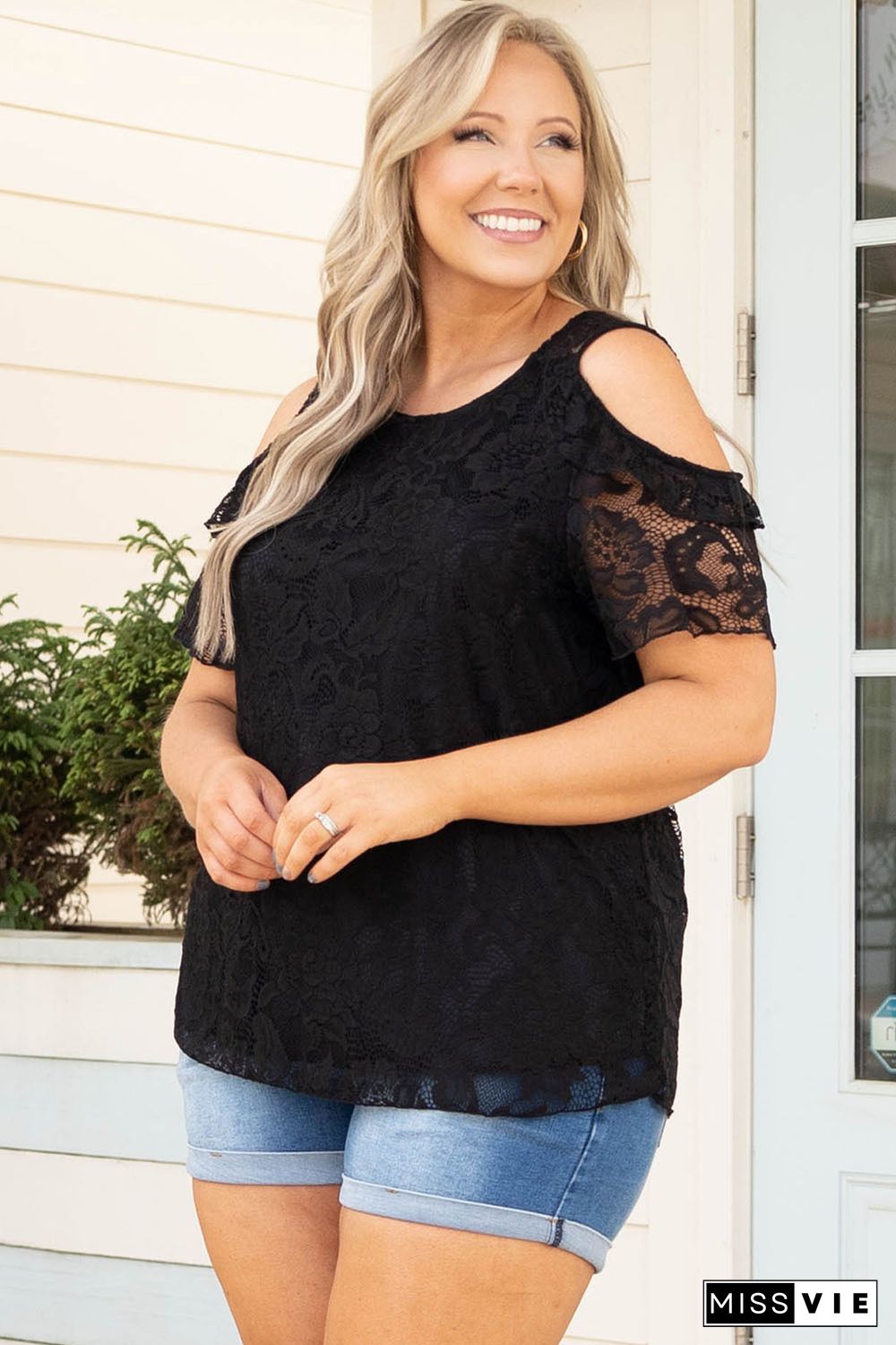 Black Floral Lace Cold Shoulder Plus Size Top