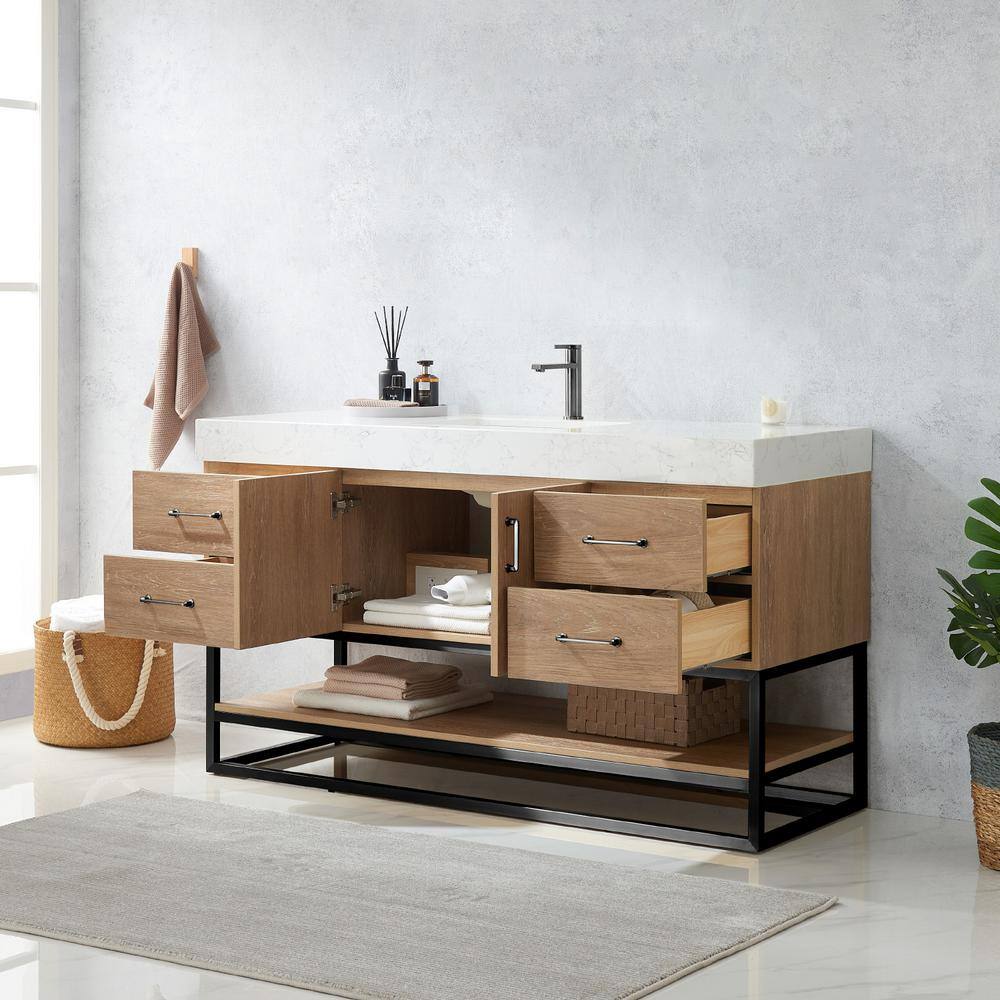 ROSWELL Alistair 60B in. W x 22 in. D x 33.9 in. H Single Sink Bath Vanity in North American Oak with White Grain Stone Top 889060BS-NO-GWN