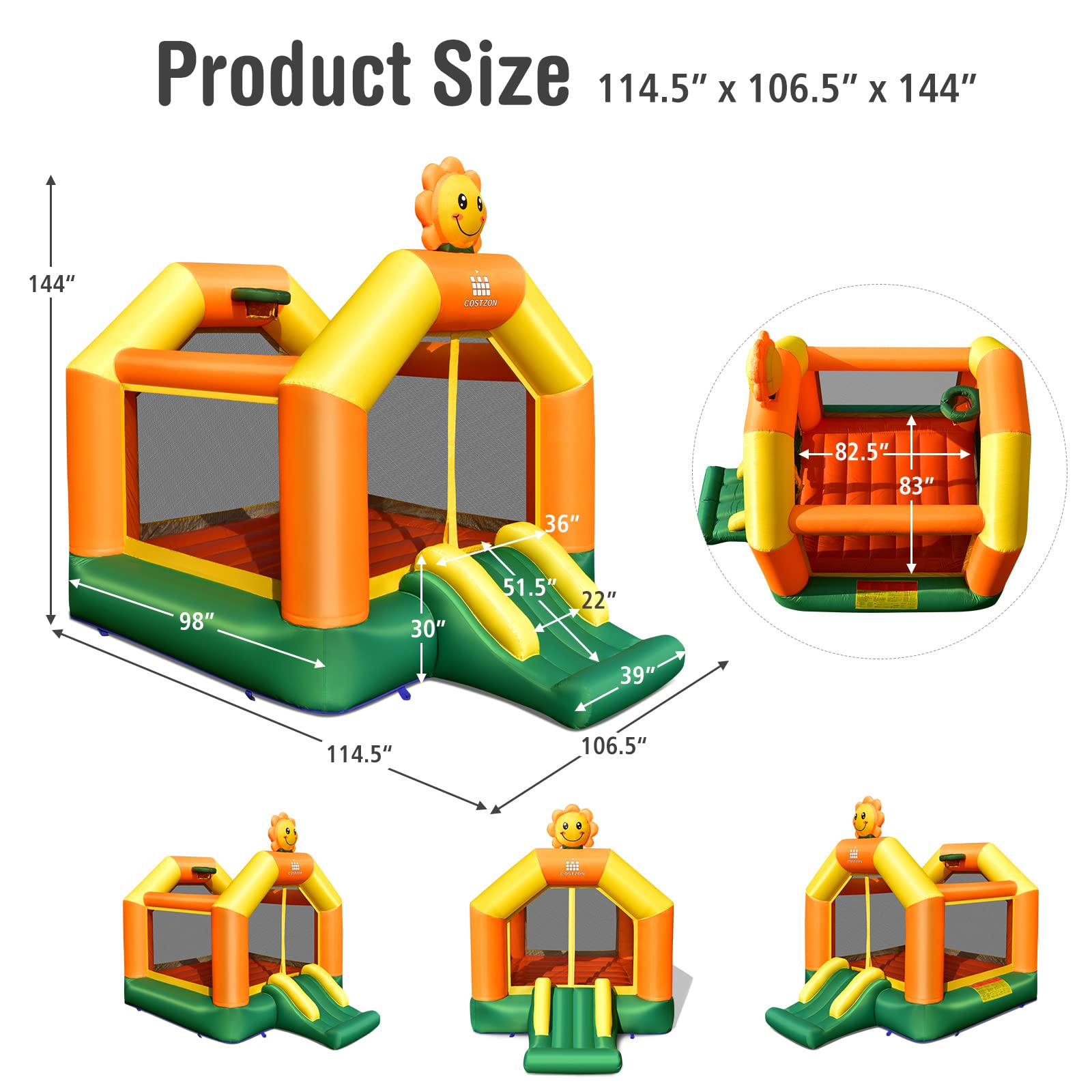 Costzon Inflatable Bounce House, Sunflower Theme Jump with Slide Bouncer w/ Jumping Area