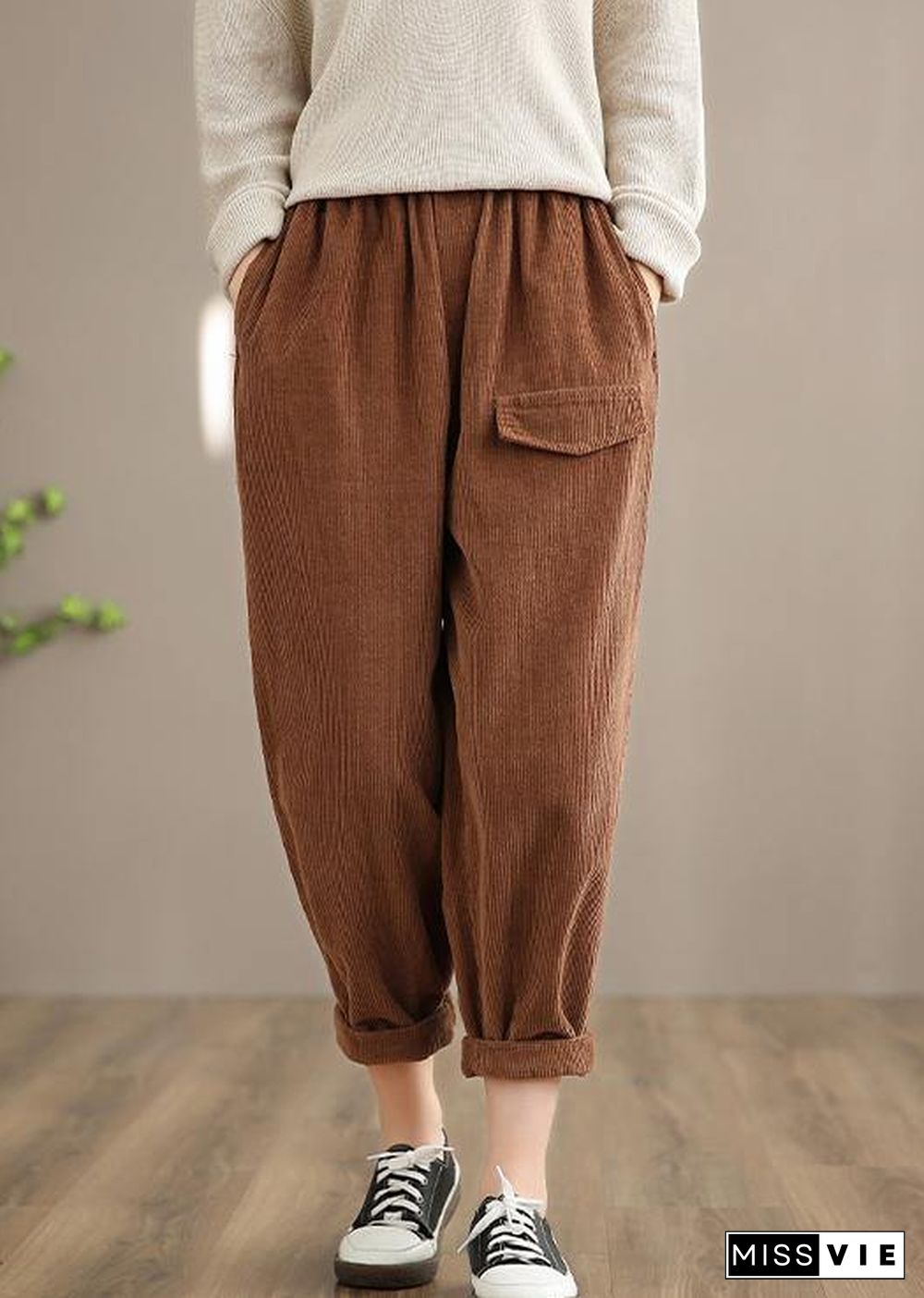 Italian Chocolate Casual Spring Elastic Waist Pockets Wide Leg Pants