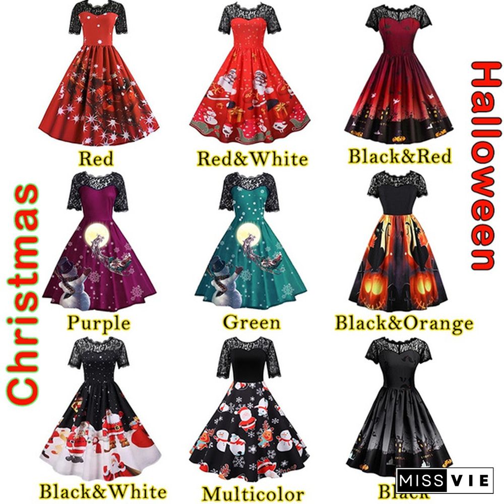 New Fashion Women Lace Santa Claus Snowman 3D Print Christmas Dress Elegant Short Sleeve Pumpkin Castle Halloween Costume Retro Style Knee Length Party Dress