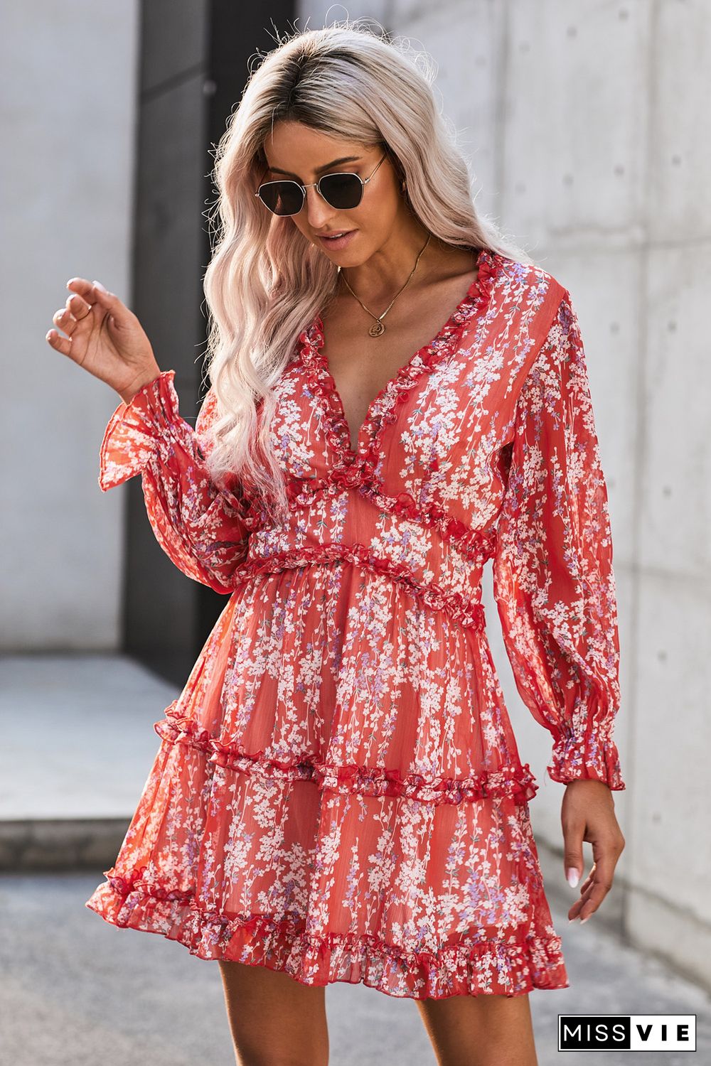 Ruffle Detailing Open Back Floral Dress