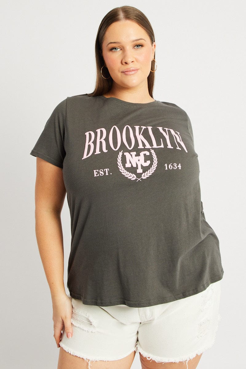 Grey Graphic T Shirt Short Sleeve Crew Neck