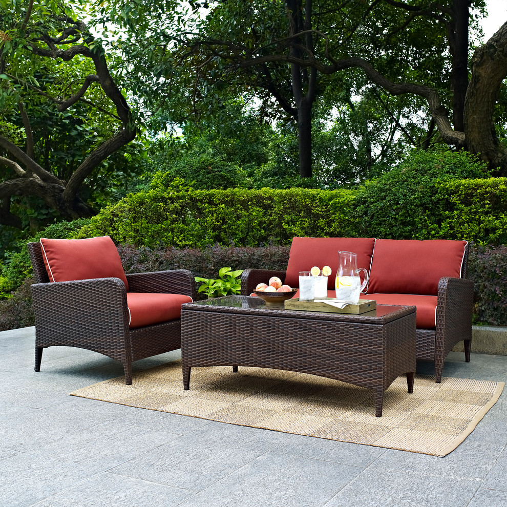 Kiawah 3 Piece Outdoor Wicker Seating Set With Sangria Cushions   Tropical   Outdoor Lounge Sets   by Homesquare  Houzz