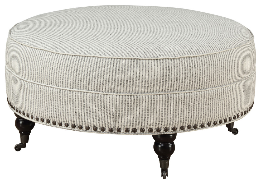 Nadiyah Round Ottoman  Pebble Gray Stripe   Traditional   Footstools And Ottomans   by Lorino Home  Houzz