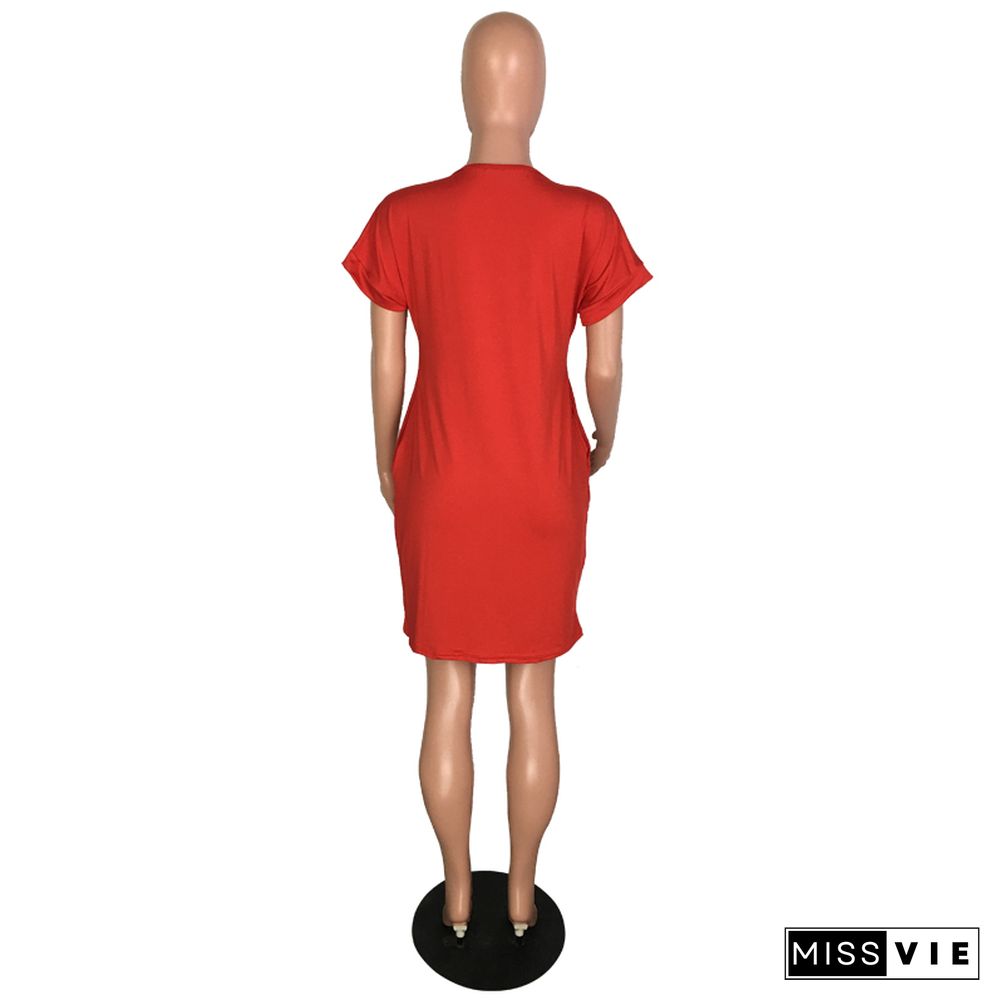 Solid Short Sleeve Round Neck Pocket Dress