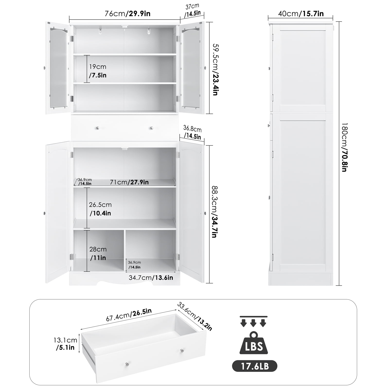 Homfa Tall Kitchen Pantry with 4 Doors， Free Standing Storage Cabinet for Dining Room， White