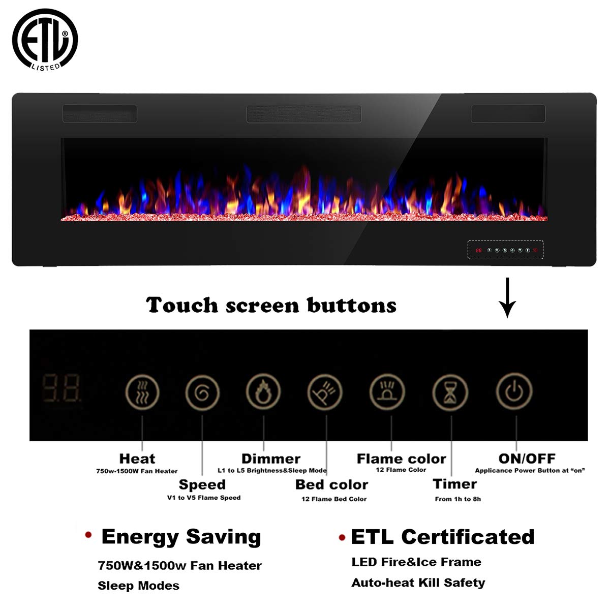 YUKOOL 60" Electric Fireplace Recessed and Wall Mounted,Touch Screen,Remote