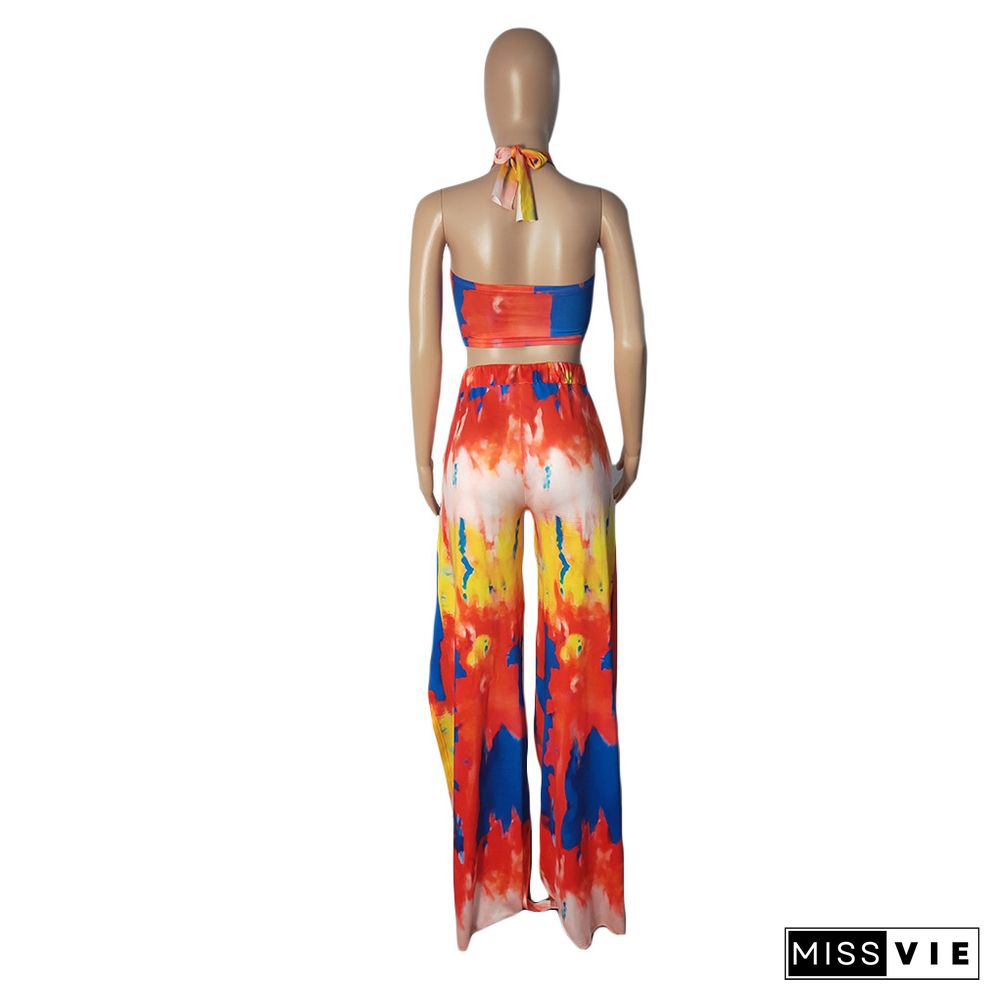 Tie Dye Women's Tracksuit Sexy High Slit Straight Pants+Halter Neck Crop Tops Summer Matching 2 Piece Set