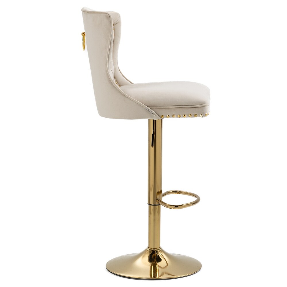 Velvet Upholstered Tufted Swivel Adjustable Height Bar Stools With Golden Footrest(set of 2)