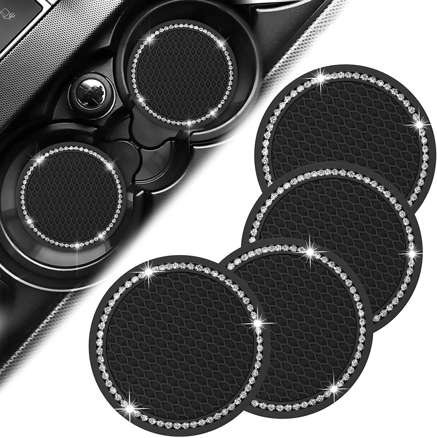 Fymlhomi Car Coasters for Cup Holders 4PCS Bling Car Accessories Coasters for Drinks Absorbent Coffee Table Cup Mat Drinking Coaster Silicone Drink Coasters with Holder Home Decor 2.75 Inch Black