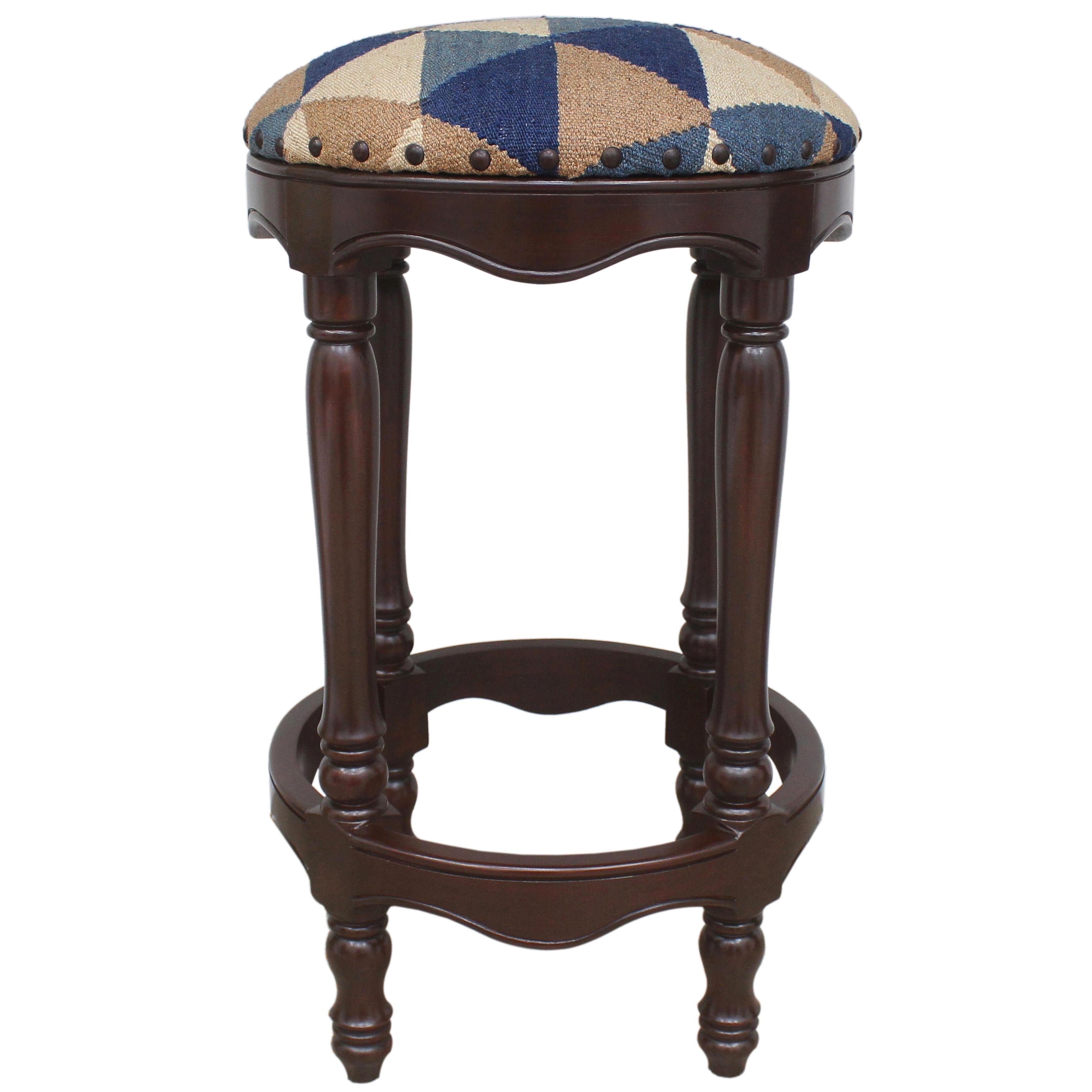 Shabby Chic Kilim Wood Bar Stool Jeffrey Blue Beige - 18