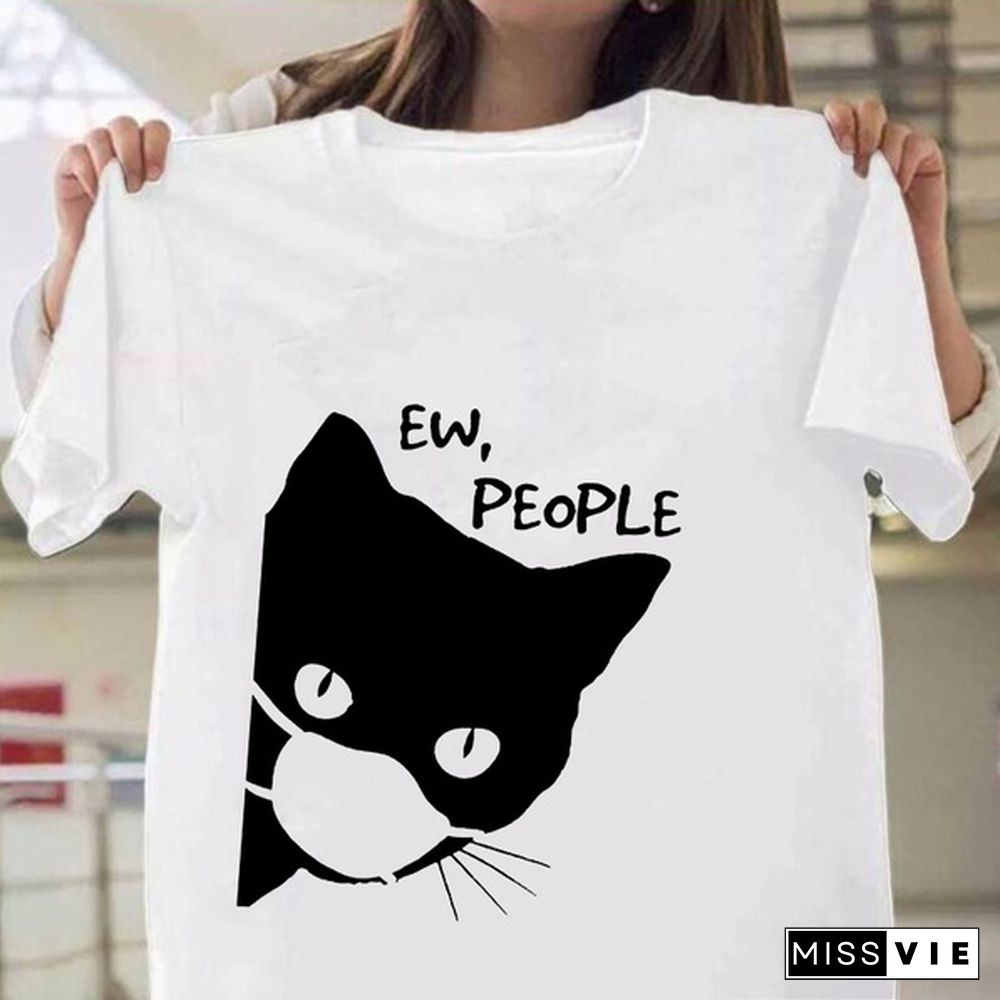 Women Graphic Cat Funny Face Animal Fashion Short Sleeve Spring Summer Cartoon Print Female Clothes Tops Tees Tshirt T-Shirt