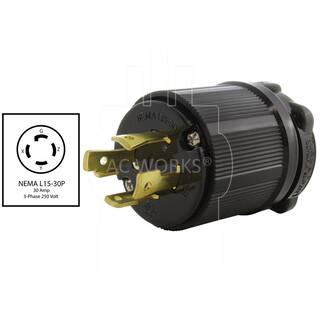 AC WORKS NEMA L15-30P 3-Phase 30 Amp 250V 4-Prong Locking Male Plug with UL C-UL Approval ASL1530P-BK