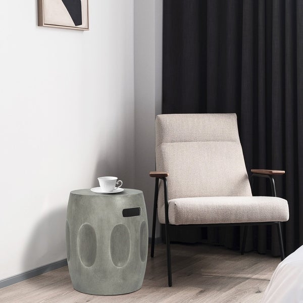 Adeco Concrete End Table with Handles Round Drum-Shaped Side Table