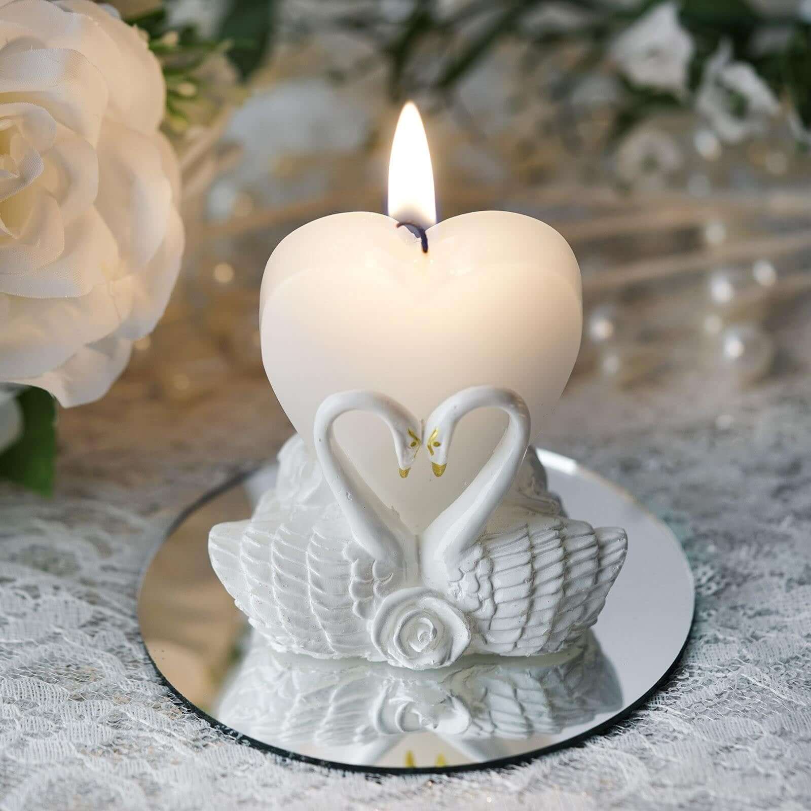 White Heart Candle and Swan Candle Holder Set Party Favors and Clear Favor Gift Box with Organza Ribbon Tie 3