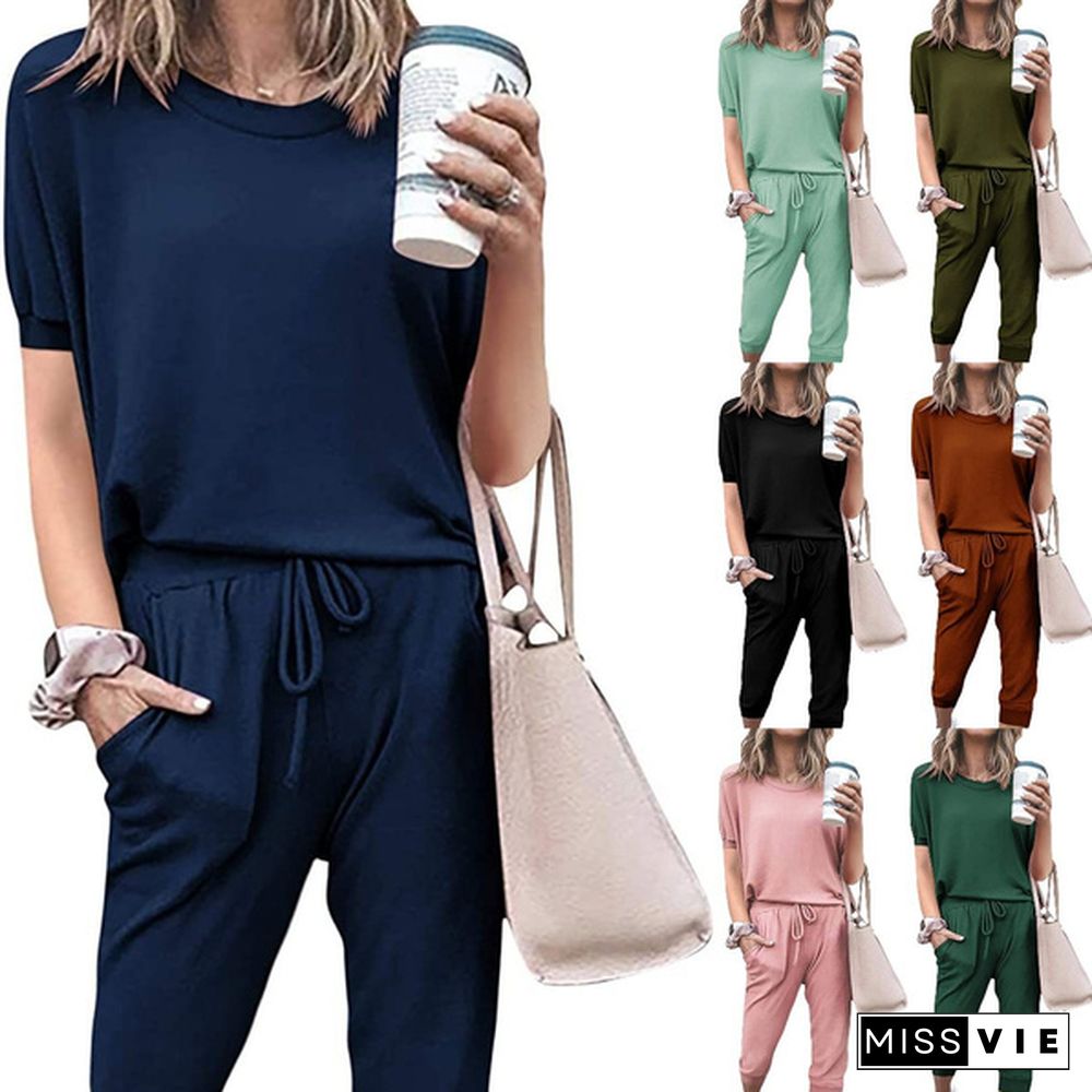 Women’S Solid Color Two Piece Outfit Short Sleeve Crewneck Pullover Tops And Drawstring Shorts Tracksuits