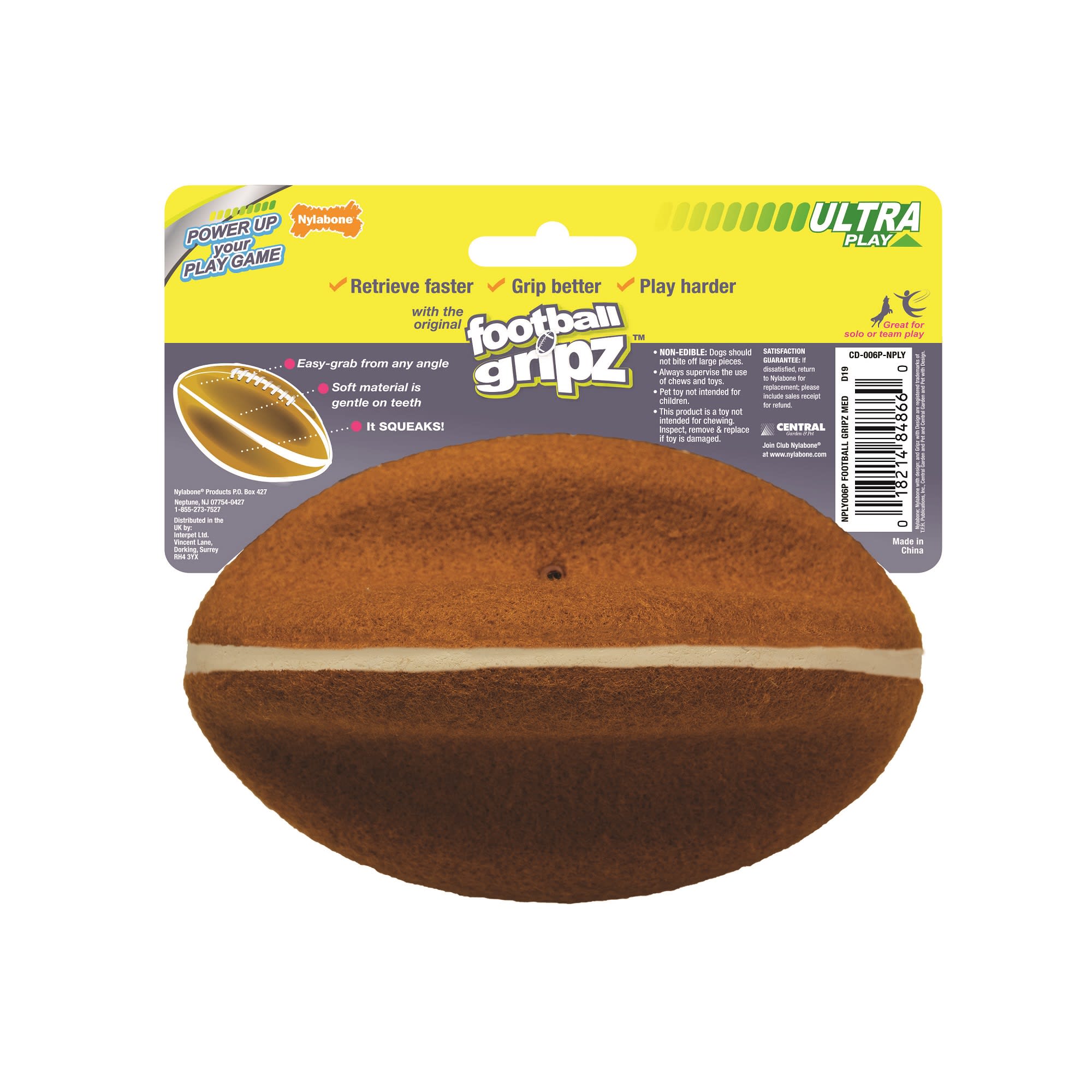 Nylabone Power Play Gripz Football Dog Toy， Medium