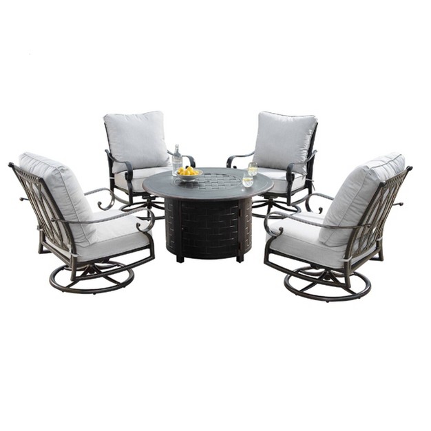 Outdoor Round Aluminum Fire Table amp 4 Deep Seating Swivel Rocking Chairs amp Wind Blocker Lid Oakland Living