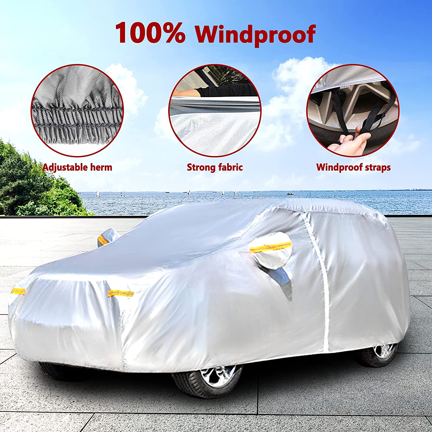 NEVERLAND Car Cover Waterproof All Weather Protection with Zipper Cotton Outdoor Full Cover Rain Sun UV Proof for Automobiles Universal Fit for SUV