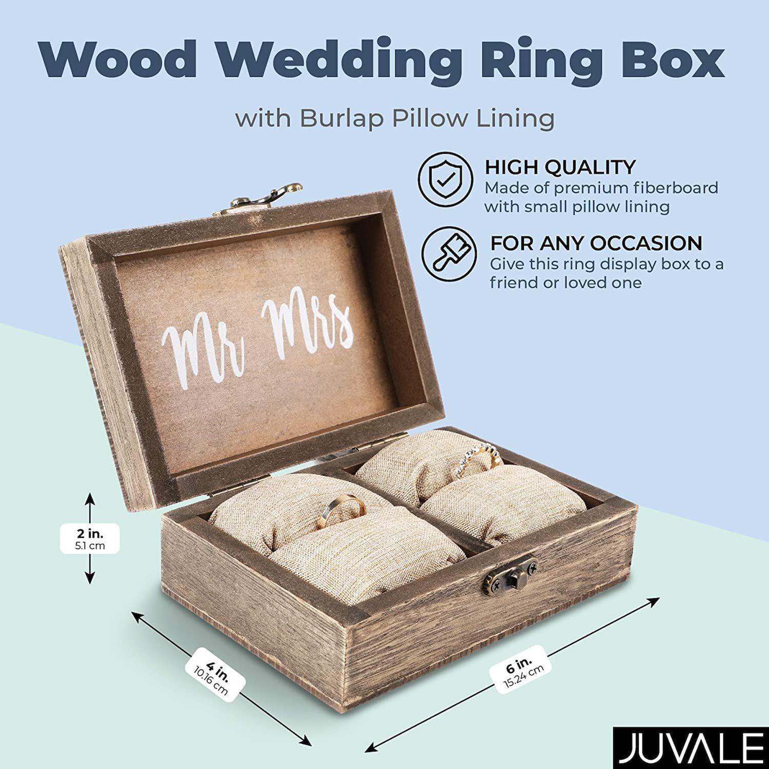 Juvale Wood Wedding Ring Box with Burlap Pillow Lining (6 x 4 x 2 in)