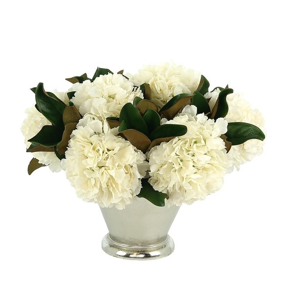 Hydrangea and Magnolia Leaf Arrangement in a Metal Vase