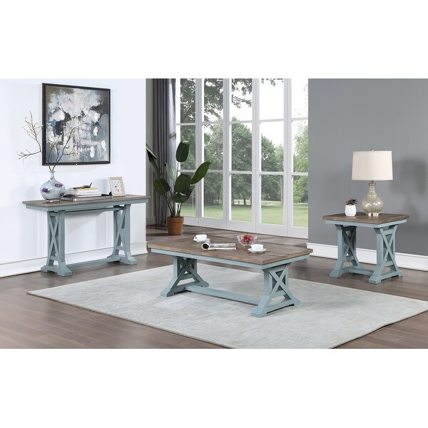 Wharf Coastal Farmhouse Console Table with Plank Top Design and Trestle Base - Blue