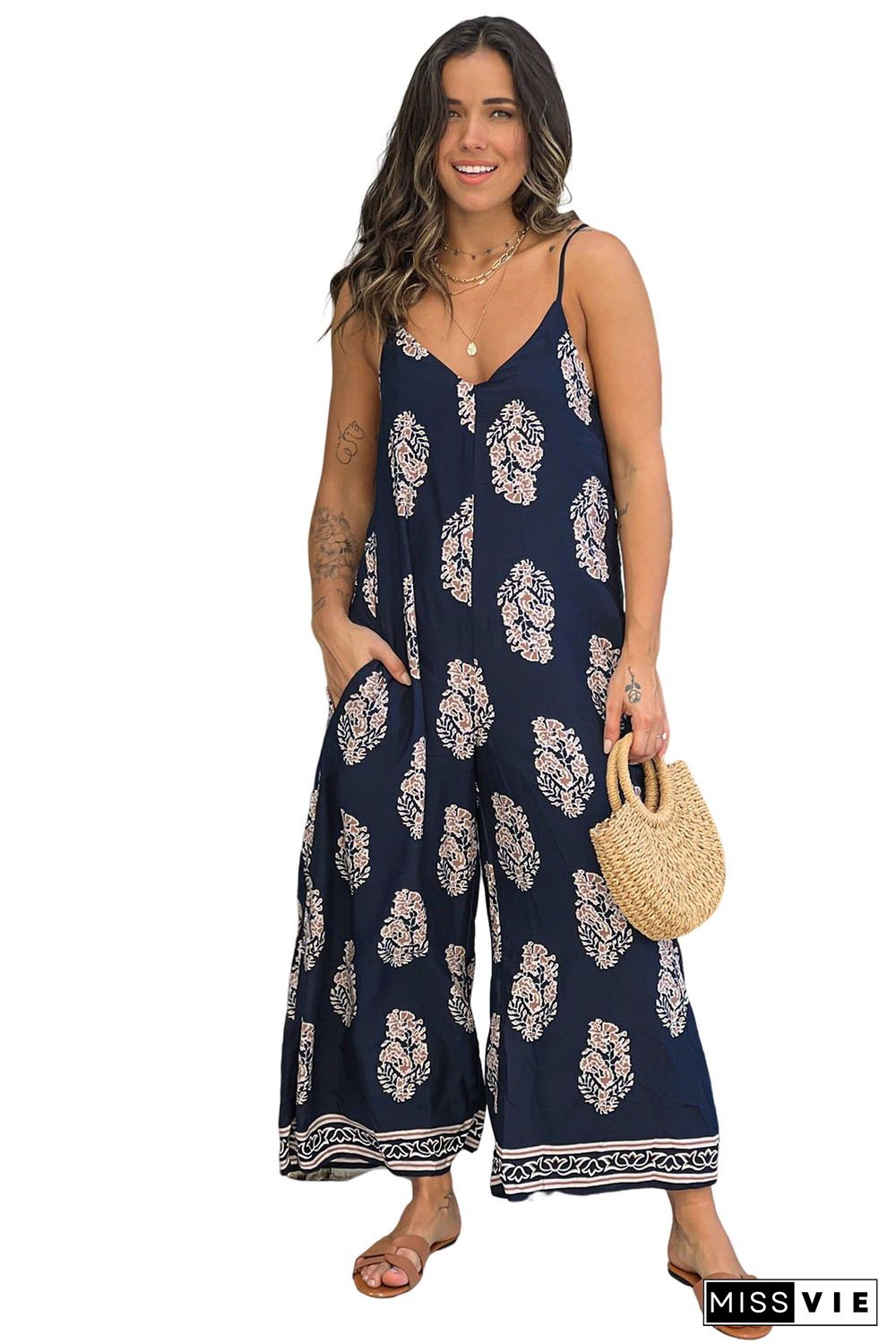 Blue Vintage Printed Spaghetti Strap Wide Leg Jumpsuit